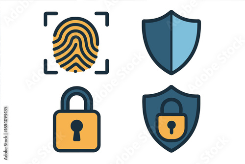 Security icons set for cybersecurity. Flat design vector illustration with fingerprint, shield, and lock. Biometric identification, data protection, privacy, and safety concept.