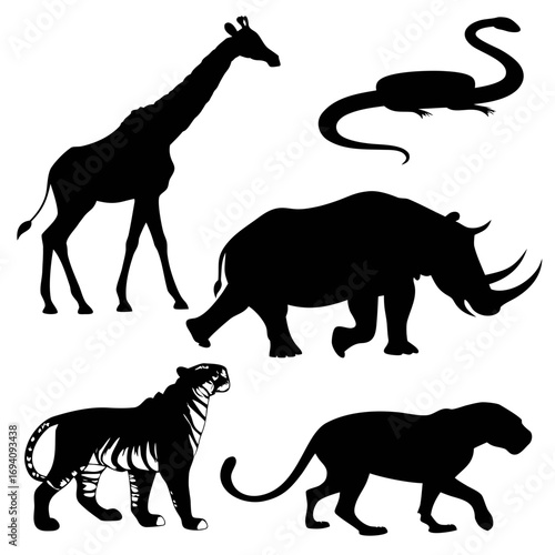 African savanna animals black silhouettes giraffe rhinoceros