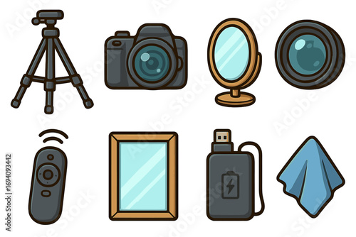 Photography & vlogging gear icon set. Essential content creator gadget collection. Vector cartoon illustration with camera, tripod, lens, remote, power bank, mirror & cloth.