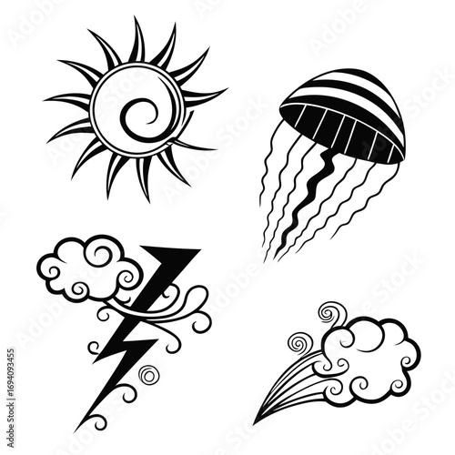 Abstract weather icons sun lightning cloud jellyfish