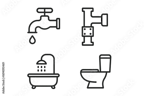 Plumbing service icons. Bathroom fixtures. Faucet, pipe, toilet, bathtub pictogram. Sanitary engineering symbol. Water supply line art. Washroom outline vector set. Hygiene.