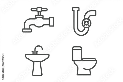 Faucet, pipe, sink, and toilet line icon set. Plumbing, bathroom, and sanitary ware symbols. Minimalistic linear pictogram bundle for web, apps, and graphic design elements.