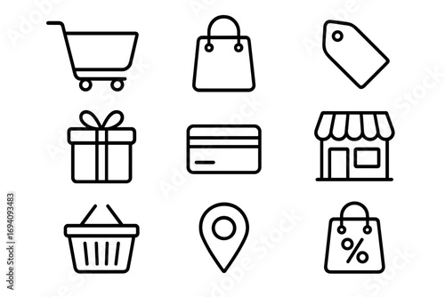 Shopping & e-commerce line icon set. Retail, sale & online store symbols. Contains cart, basket, bag, price tag, gift, credit card, shop front, location pin, discount icons.