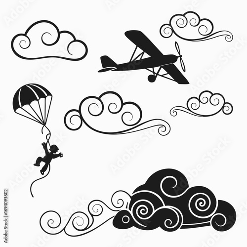 Airplane parachute and swirling clouds skydiver swirls