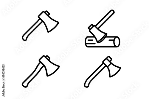 Axe line icon set. Hatchet in log. Simple linear pictogram collection for web and graphic design. Lumberjack tool for cutting wood and firewood. Minimal vector illustration.