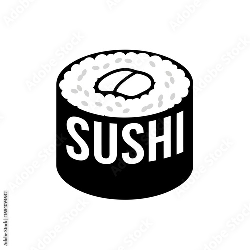 Simple black and white illustration of a sushi roll, featuring the word "SUSHI" prominently displayed.