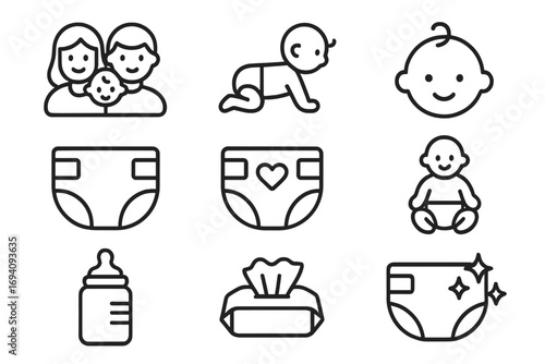 Baby care line icon set. Family, newborn, and diaper symbols. Outline pictograms for web and graphic design. Includes parents, infant, bottle, wet wipes. Vector childcare.
