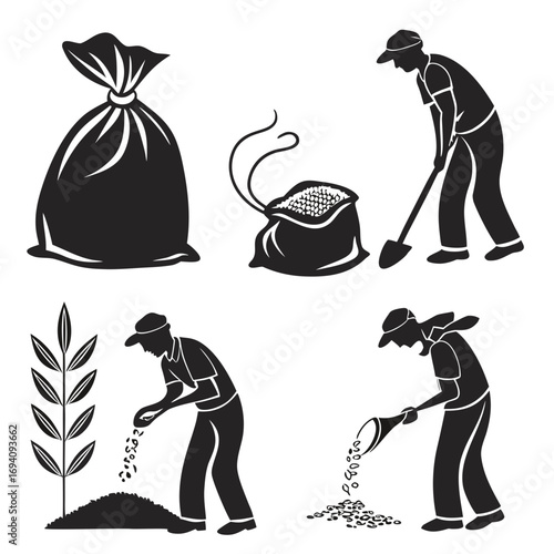Agricultural workers with grain sacks and planting