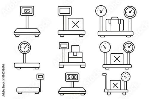 Floor scale line icon collection. Industrial weighing signs for logistics, warehouse and mail. Vector outline platform scale, luggage and parcel measurement symbols for apps.