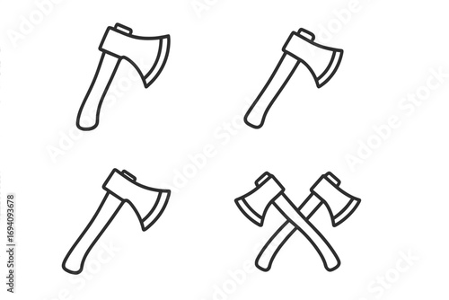 Axe icon set vector. Simple linear pictogram collection. Minimal line art symbol for lumberjack, woodcutter, camping. Crossed axes for logo design element, web, app.