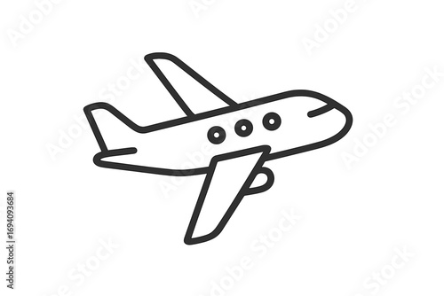 Simple linear plane icon for travel and transport concepts. Minimalistic airplane pictogram for web design, apps, banners, and graphic design. Vector line art illustration.