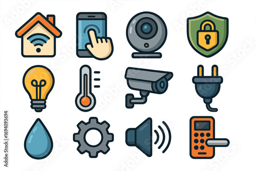 Smart home technology icon set for automation and security systems. Vector collection of internet of things (IoT) symbols for modern house control, including camera, and lock.