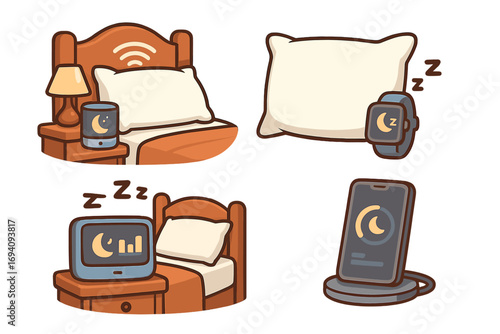Sleep tracker and smart home devices vector icon set. Gadgets for sleep cycle monitoring and insomnia aid. Smart pillow, watch, phone illustrations for health technology.
