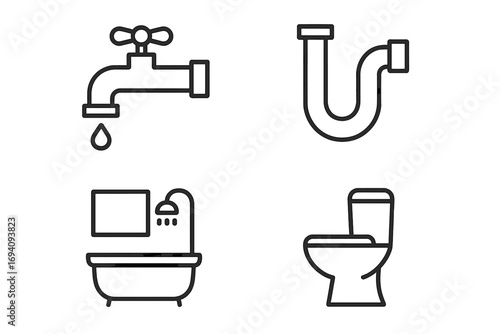 Bathroom and plumbing line icon set. Faucet, toilet, shower and pipe trap vector icons. Minimalist pictograms for web, apps and graphic design. Sanitary engineering symbols.