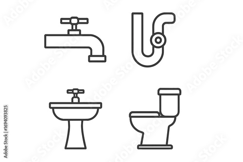 Plumbing line icon set with faucet, pipe, sink, and toilet. Bathroom fixtures and sanitary ware outline pictogram collection. Minimal vector icons for web and graphic design.