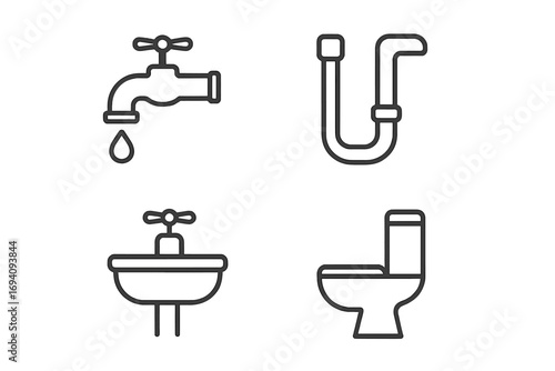Plumbing line icon set with faucet, pipe, sink, and toilet. Bathroom and sanitary ware outline pictograms. Minimal vector illustration for web, app, and graphic design.