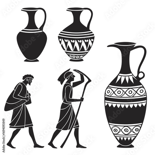 Ancient pottery and figures silhouettes black and white
