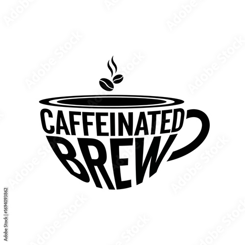 A clever typographic logo for 'Caffeinated Brew' where the text forms the shape of a coffee cup with steaming beans.