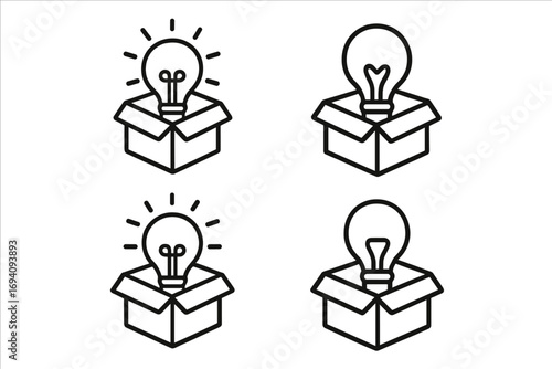 Thinking outside the box concept icon set. Light bulb in a cardboard box. Metaphor for creativity, new idea, innovation, solution, brainstorming, startup and launch.