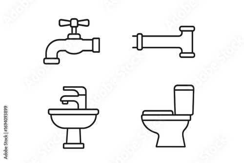 Plumbing line icon set. Faucet, pipes, bathroom, toilet, sink vector icons. Minimalistic linear pictogram for web, graphic design, apps. Sanitary engineering symbols.