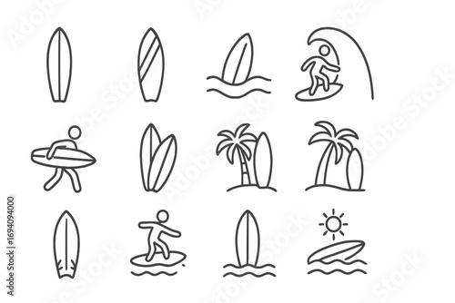 Surfing and summer beach vacation line icon set. Surfer on wave, surfboard, palm tree, and sun outline icons. Minimalist water sport vector symbols with editable stroke.