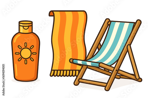 Summer beach essentials icon set with sunscreen, towel, and deck chair. Vector cartoon illustration of beach accessories for sunbathing, vacation, and travel. Isolated.