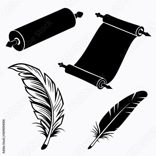 Ancient scrolls and quill pens parchment feather