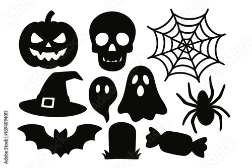 Halloween black silhouette icon set. Spooky scary collection with jack o lantern, skull, ghost, spider, bat, witch hat, tombstone. Vector graphic design elements for holiday.