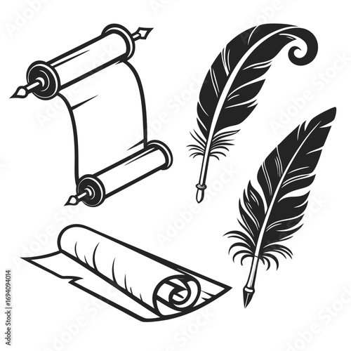Ancient scrolls and quill pens parchment feather