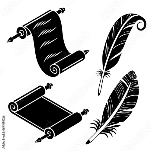 Ancient scrolls and quill pens writing