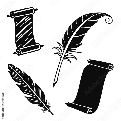 Ancient scrolls and quill pens writing