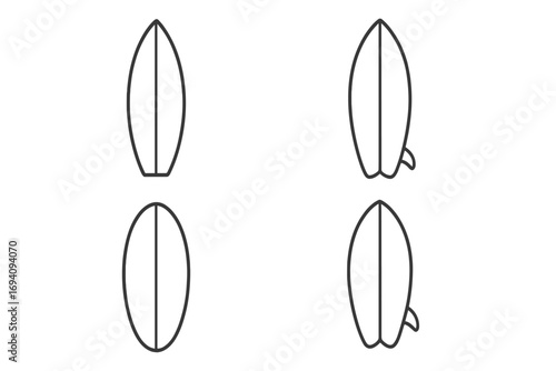 Surfboard outline vector collection, simple linear editable stroke icons, minimalistic surfing board shapes with fins, perfect for web, apps, cards, books, cartoons, transparent background