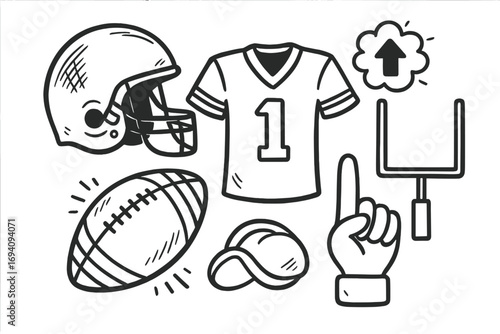 American football icon set, hand drawn vector doodle collection. Cartoon sport sketch illustration elements: helmet, jersey, ball, goal post, foam finger, cap, touchdown symbol.