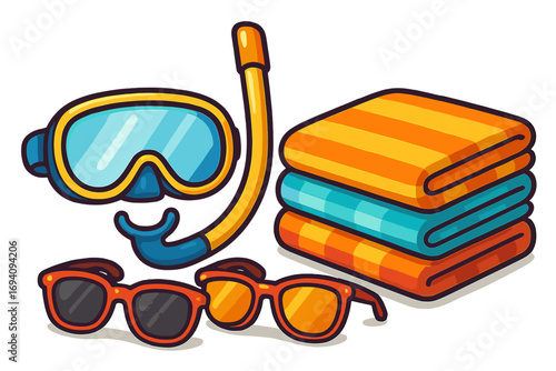 Vibrant summer beach essentials vector illustration, featuring striped beach towels, snorkeling mask and tube, sunglasses, swim accessories, vacation gear, poolside items, sunny day cartoon concept