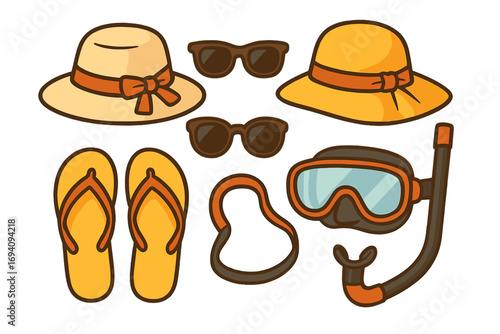 Summer beach vacation essentials flat lay. Vector cartoon illustration set with sun hats, sunglasses, flip flops, and snorkeling gear. Travel and holiday concept isolated.