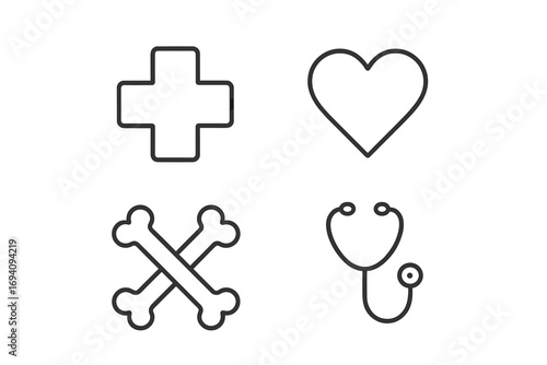 Medical and health care line icon set. Minimalist pictogram collection with cross, heart, bones, and stethoscope. Vector symbols for cardiology, orthopedic, and first aid concepts.