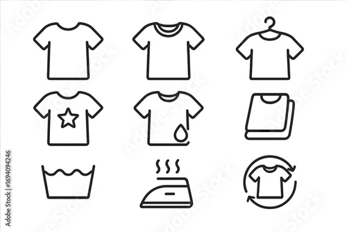 Vector T-shirt icon set for UI design, placards, books, apps, editable stroke illustration with transparent background, cartoon style clothing symbols for websites and cards