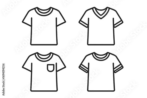 T-shirt icon set vector, editable stroke, cartoon style clothes illustration with different necklines, sleeves, pocket detail, perfect for websites, apps, cards design elements