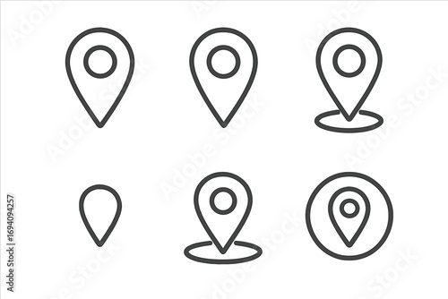 Map pin line icon set. Location marker, destination pointer, GPS navigation symbols. Minimal outline pictogram for web, app, UI, UX, graphic design and address finding.