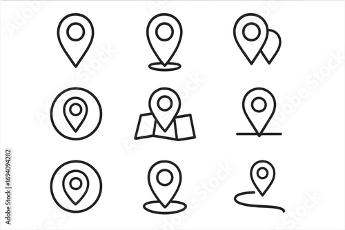 Map pin line icon set. Location marker and destination pointer collection. Minimalist linear pictogram for navigation, GPS, web design, apps, and UI UX graphic elements.