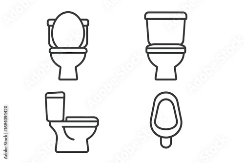 Toilet outline simple linear icons collection, editable stroke vector set with transparent background for web design, apps, books, cards, bathroom illustration pack