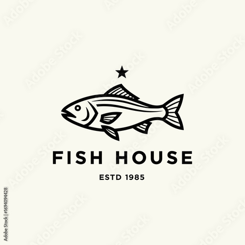 A minimalist black line art logo of a fish with a star for a seafood business called 'Fish House', established in 1985.