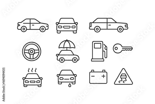 Car service and auto maintenance thin line icons set. Vector symbols for transport, driving, and vehicle repair. Includes icons for fuel, battery, insurance, and road safety.