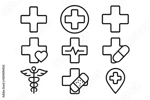 Medical cross line icon collection. Health care outline signs. Hospital, first aid, emergency, caduceus, pharmacy and heartbeat symbols. Vector graphic elements for apps.