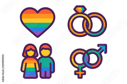 Colorful Rainbow Love Symbols, Partnership, Gender Identity Icons, Modern Vector Cartoon Illustration of Heart, Wedding Rings, Couple and Gender Signs for LGBTQ+ Pride and Equality