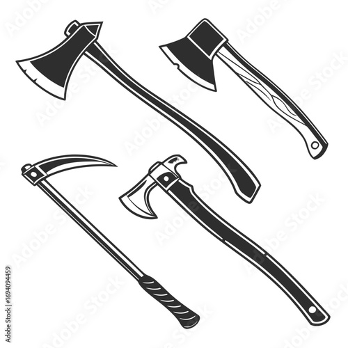Assorted axes and scythe silhouettes tool woodcutting