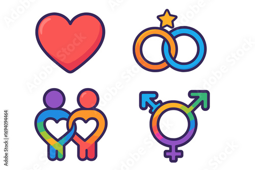 Colorful symbols representing love, partnership, and diverse gender identity, modern vector cartoon illustration with heart shapes and rainbow colors for LGBTQ+ pride