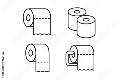 Toilet paper roll icon set, thin line editable stroke vector illustration, bathroom tissue, hygiene product, transparent background, web, app, book, card design, cartoon style