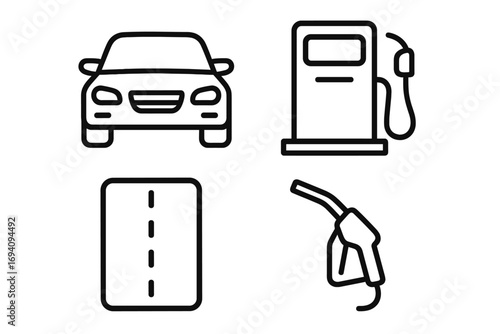 Car gas station line icon set. Automotive transport symbols. Fuel pump, petrol nozzle, and road outline pictograms. Vector graphics for web, app, and interface design.