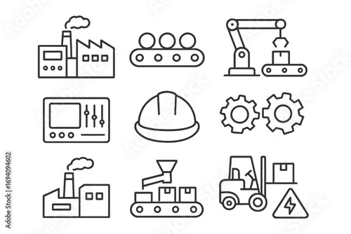 Factory and industry line icon set. Manufacturing, production, and automation symbols. Vector outline icons for web design, apps. Includes conveyor belt, robotic arm, forklift.